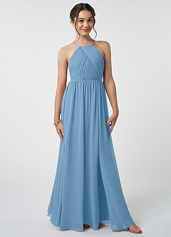 Azazie Leighton Junior Steel Blue A-Line Pleated Chiffon Dress image2