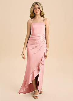 Azazie Buzzy Junior Powder Pink Sheath Pleated Stretch Satin Dress image4