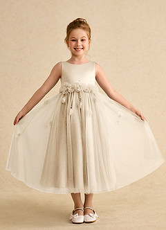 Azazie Lux Flower Girl Dresses Champagne A-Line Beaded Tulle Dress image4