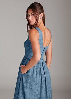 Azazie Alissa Bridesmaid Dresses Steel Blue A-Line with Pockets Floral Burnout Dress image2