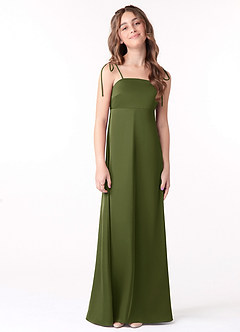 Azazie Violeta Junior Olive A-Line Bow Stretch Satin Dress image1