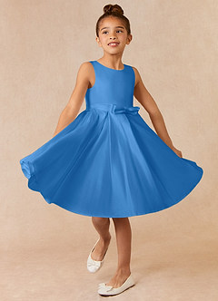 Azazie Coco Blumenmädchenkleider A-Linie Schleifen Matte Satin Kleid Blauhäher image1
