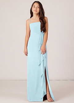 Azazie Kaylee Junior Cloud Blue A-Line with Belt Chiffon Dress image1