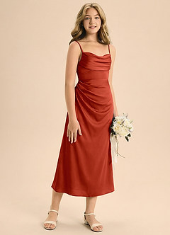 Azazie Mai Junior Osłona Pofałdowany Satyna elastyczna Długość herbaty Młodsza druhna Sukienka image5