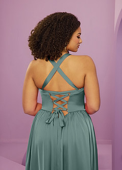 Barbie ♥ Azazie Bridesmaid Dresses Eucalyptus A-Line with Pockets Stretch Satin Dress image9