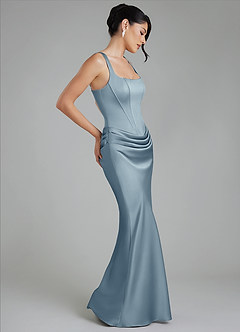 Azazie Etta Robes à essayer chez vous Robe Sirène en Satin extensible Corset Bleu Poussiéreux image6