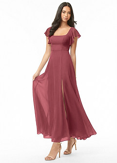 Azazie Bondi Brautjungfernkleider Eine Linie Gestreift Chiffon Kleid Merlot image3