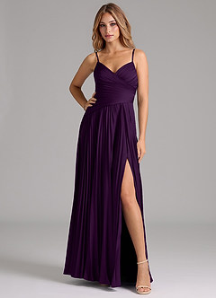 Azazie Vini Bridesmaid Dresses Grape A-Line Pleated Stretch Satin Dress image3