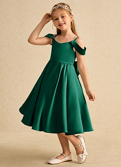 Azazie Favia Flower Girl Dresses Emerald A-Line Off the Shoulder Matte Satin Dress image6