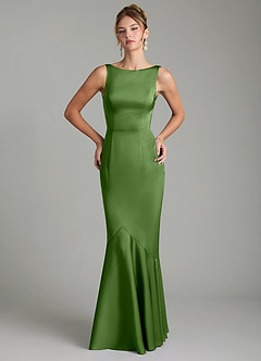 Azazie Tamera Vestidos de damas de honor Vestido Albahaca de Satén Elástico de Corte Sirena con Plisado image3