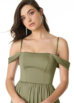 Azazie Morana Jurken voor bruidsmeisjes Converteerbaar Jurk van Stretch Satijn met A-Lijn Off the Shoulder Pistache image6