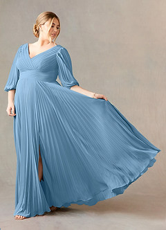 Azazie Zahara Mother of the Bride Dresses Steel Blue A-Line V-Neck Pleated Chiffon Dress image9