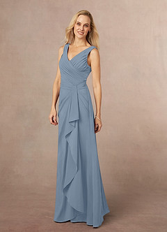 Azazie Evy At-home Try On Dresses Dusty Blue A-Line Pleated Stretch Chiffon Dress image2
