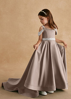 Azazie Jodi Flower Girl Dresses Taupe A-Line Matte Satin Dress image1