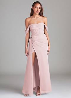 Azazie Amyra Bridesmaid Dresses Blushing Pink Sheath Off the Shoulder Chiffon Convertible Dress image1