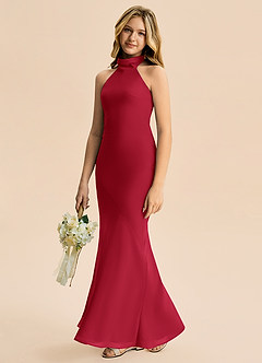 Azazie Velli Junior Meerjungfrau-Linie Hoher Kragen Chiffon Kleid Scharlachrot image4
