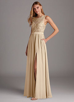 Azazie Elly Bridesmaid Dresses Champagne A-Line Lace Scoop Neck Chiffon Dress image1