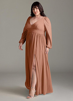 Azazie Norah Bridesmaid Dresses Bronzer A-Line V-Neck Long Sleeve Chiffon Dress image11