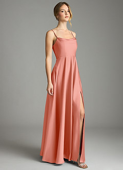 Azazie Elle Bridesmaid Dresses Coral A-Line Pleated Stretch Satin Dress image4