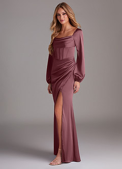 Azazie Charissa Bridesmaid Dresses Desert Rose Sheath Long Sleeve Stretch Satin Dress image5