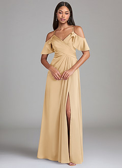 Azazie Dakota Robes de demoiselle d'honneur Robe Trapèze en Satin extensible Épaule décolletée Or image3