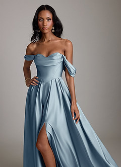 Azazie Loisa Probar vestidos en casa Vestido de Azul Polvoriento de Satén Elástico de Corte en A con Vestidos sin tirantes image5