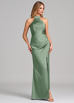 Azazie Karlotta Bridesmaid Dresses Matcha Sheath Pleated Stretch Satin Dress image5