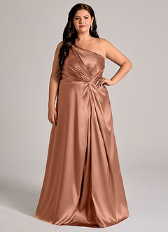 Azazie Brooke Bridesmaid Dresses Bronzer A-Line One Shoulder Metallic Satin Dress image8