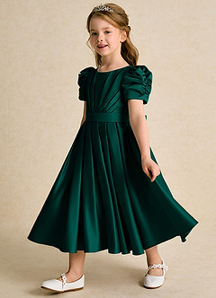 Azazie Miriam Flower Girl Dresses Pine Ball-Gown Pleated Matte Satin Dress image7
