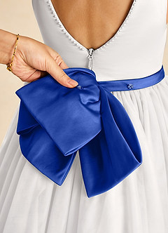 Azazie Seline Flower Girl Dresses Ivory Royal Blue A-Line Bow Tulle Dress image3