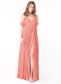 Azazie Lyney Jurken voor bruidsmeisjes Jurk van Chiffon met A-Lijn Off the Shoulder Koraal image1