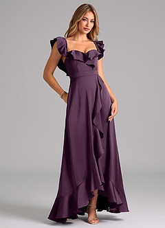 Azazie Lyra Bridesmaid Dresses Plum A-Line Off the Shoulder Stretch Satin Convertible Dress image2