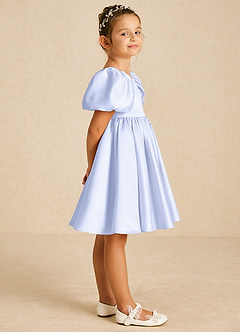 Azazie Muffin Flower Girl Dresses Lavender A-Line with Sleeves Matte Satin Dress image3