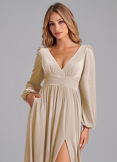 Azazie Norah Bridesmaid Dresses Champagne A-Line Long Sleeve Velvet Dress image2