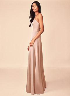 Azazie Mei Robes de demoiselle d'honneur Robe Trapèze en Satin extensible Col en V Or Rose image4