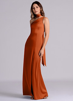 Azazie Philana Bridesmaid Dresses Burnt Orange A-Line One Shoulder Stretch Satin Dress image6