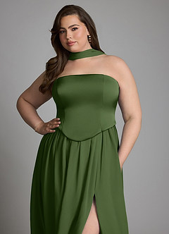 Azazie Cadence Bridesmaid Dresses Olive A-Line Corset Stretch Satin Convertible Dress image16