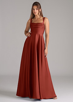 Azazie Shaude Bridesmaid Dresses Terracotta A-Line Pleated Stretch Satin Dress image1