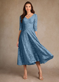 Azazie Durant Mother of the Bride Dresses Steel Blue A-Line Pleated Floral Burnout Dress image2