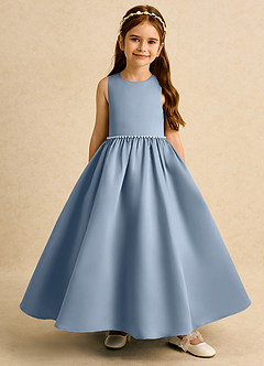 Azazie Daisies Robe Demoiselle D'honneur Fillette Robe Princesse en Mat Satiné Arc Bleu Poussiéreux image2