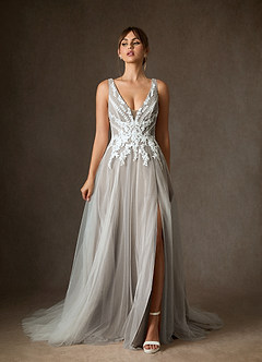 Azazie Goddess Wedding Dresses Diamond White Cocoa A-Line V-Neck Sequins Tulle Dress image3