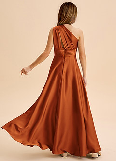 Azazie Charlize Junior Cinnamon A-Line Pleated Stretch Satin Dress image2