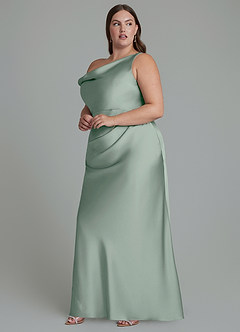 Azazie Emerson Jurken voor bruidsmeisjes Jurk van Stretch Satijn met Zeemeermin Off-shoulder Agave image10