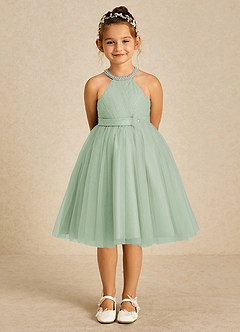 Azazie Honey Blumenmädchenkleider A-Linie Mit Perlen Matte Satin Kleid Agave image1