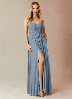 Azazie Reniya Bridesmaid Dresses Dusty Blue A-Line Pleated Mesh Convertible Dress image4