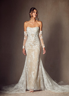 Azazie Caitlin Wedding Dresses Diamond White Nude Mermaid Strapless Lace Dress image1
