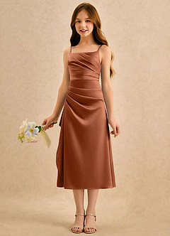 Azazie Canna Girls Formal Robe Demoiselle D'honneur Fillette Robe Trapèze en Satin extensible Plissée Cuivre image5