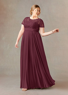 Azazie Annette At-home Try On Dresses Cabernet A-Line Lace Chiffon Dress image9