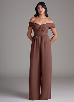Azazie Lamara Bridesmaid Dresses Espresso Off the Shoulder Chiffon Convertible Jumpsuit image3