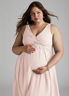 Azazie Yetta Maternity Bridesmaid Dresses A-Line V-Neck Gathered Chiffon Floor-Length Dress image8